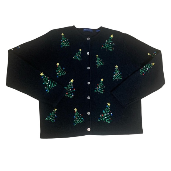 Vintage 80’s Wool Christmas Tree Embellished Black Cardigan Sweater Large - Picture 2 of 9